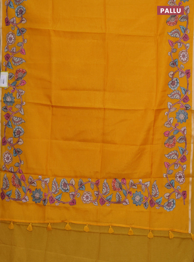 Kota saree mustard yellow with plain body and kalamkari applique work border