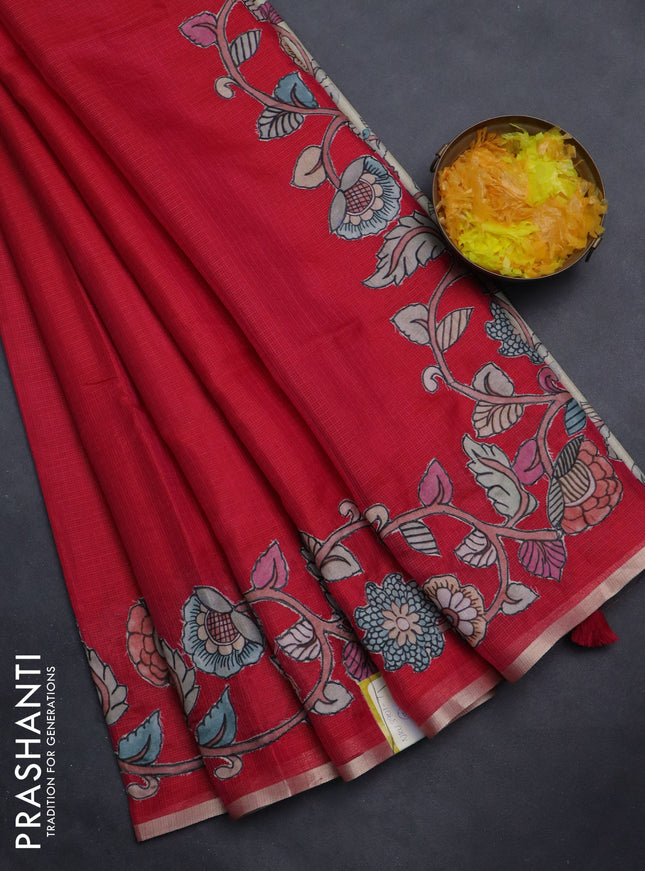 Kota saree dark pink with plain body and kalamkari applique work border