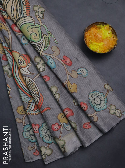 Kota saree grey with kalamkari applique work and zari woven piping border