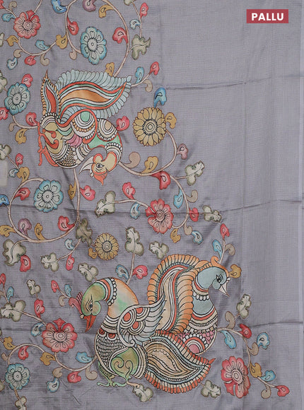 Kota saree grey with kalamkari applique work and zari woven piping border
