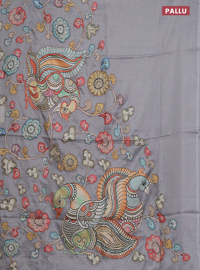 Kota saree grey with kalamkari applique work and zari woven piping border