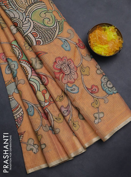 Kota saree pale orange with kalamkari applique work and zari woven piping border