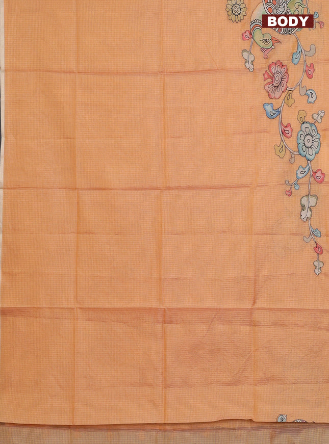 Kota saree pale orange with kalamkari applique work and zari woven piping border