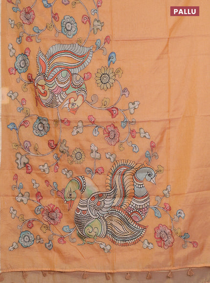 Kota saree pale orange with kalamkari applique work and zari woven piping border