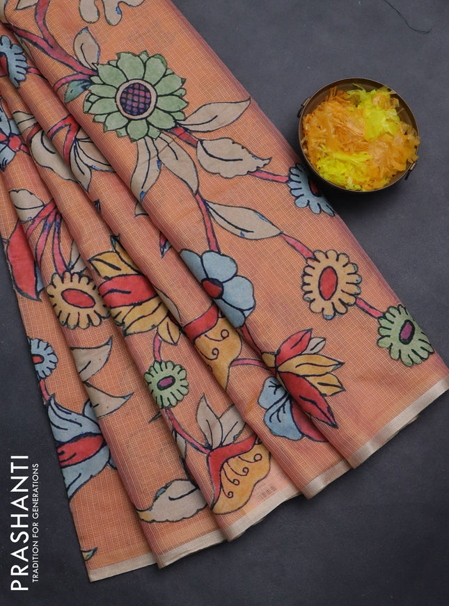Kota saree pale orange with kalamkari applique work and zari woven piping border