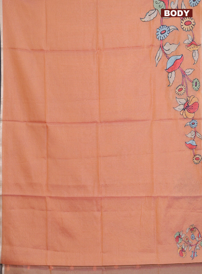 Kota saree pale orange with kalamkari applique work and zari woven piping border