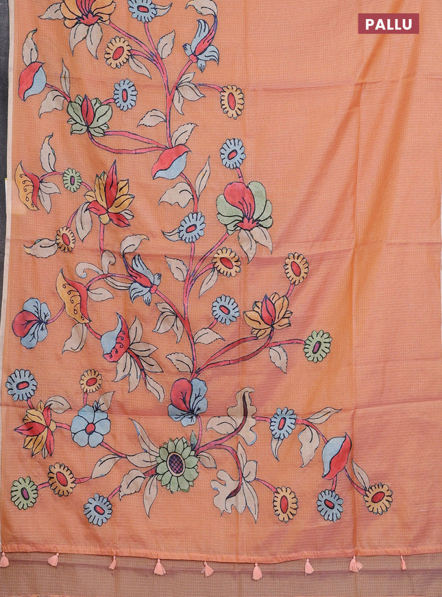 Kota saree pale orange with kalamkari applique work and zari woven piping border
