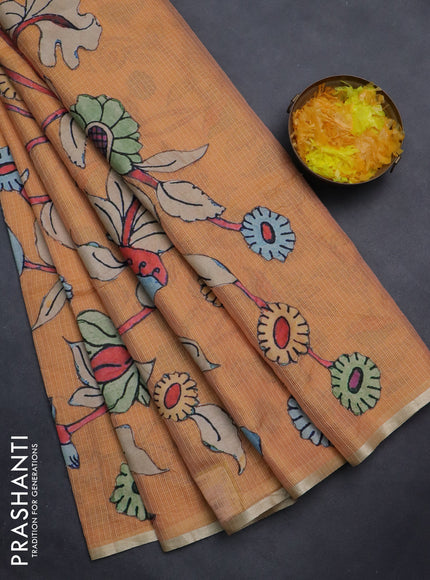 Kota saree pale orange with kalamkari applique work and zari woven piping border