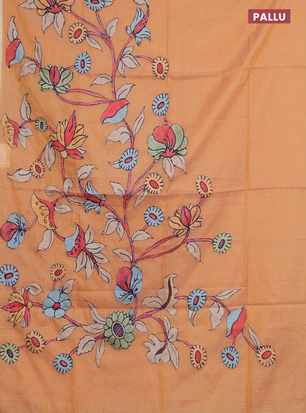Kota saree pale orange with kalamkari applique work and zari woven piping border