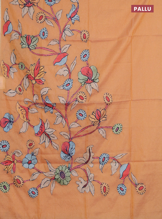 Kota saree pale orange with kalamkari applique work and zari woven piping border