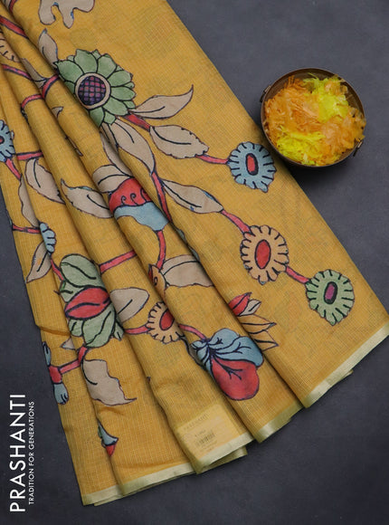 Kota saree yellow with kalamkari applique work and zari woven piping border