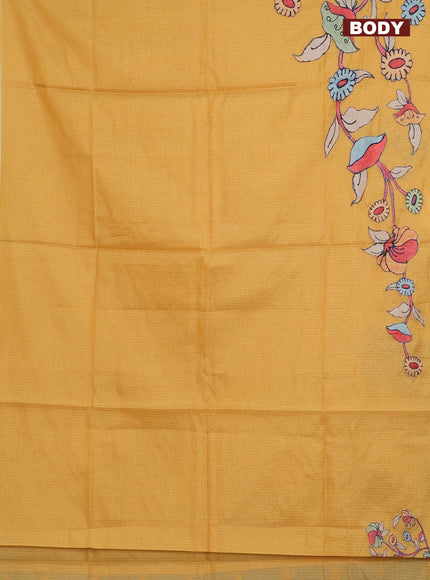 Kota saree yellow with kalamkari applique work and zari woven piping border