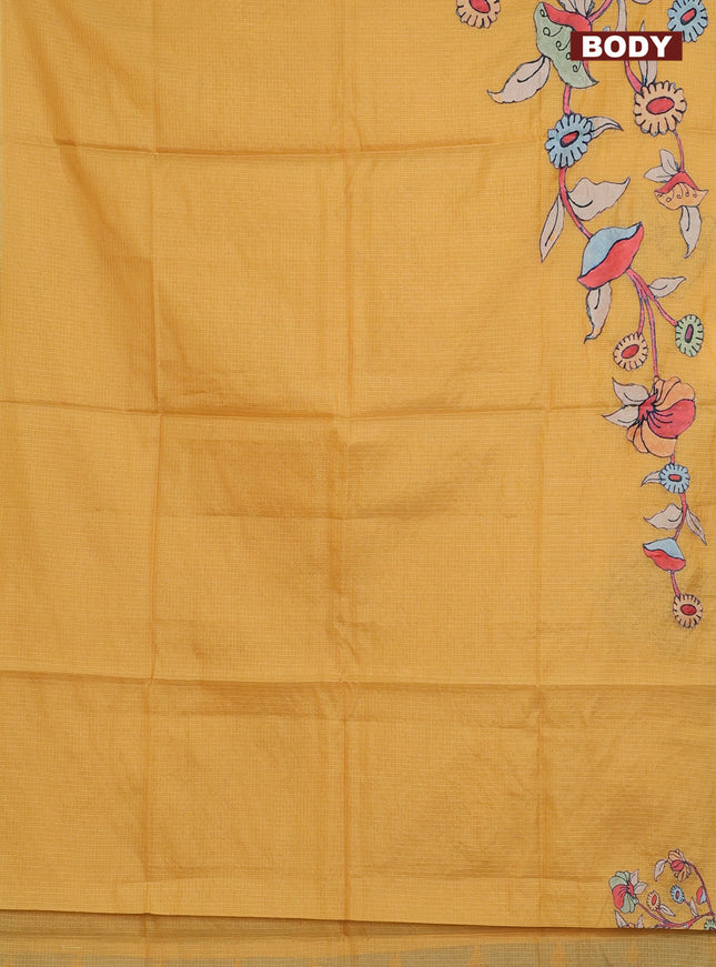 Kota saree yellow with kalamkari applique work and zari woven piping border