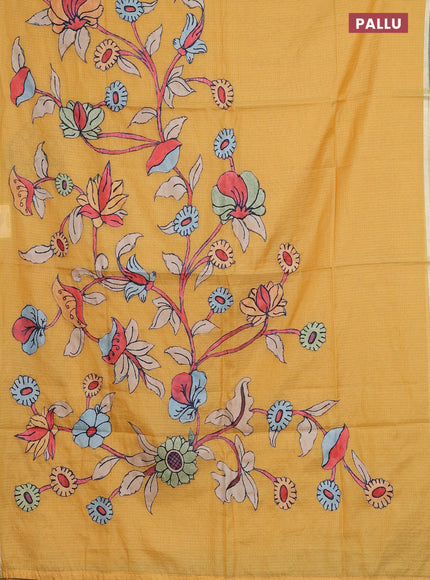 Kota saree yellow with kalamkari applique work and zari woven piping border