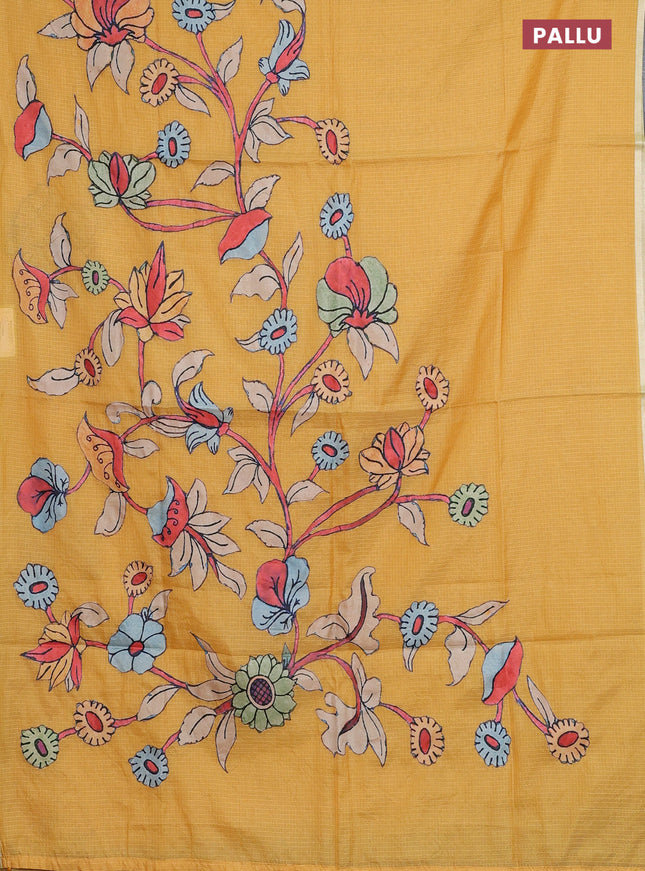 Kota saree yellow with kalamkari applique work and zari woven piping border