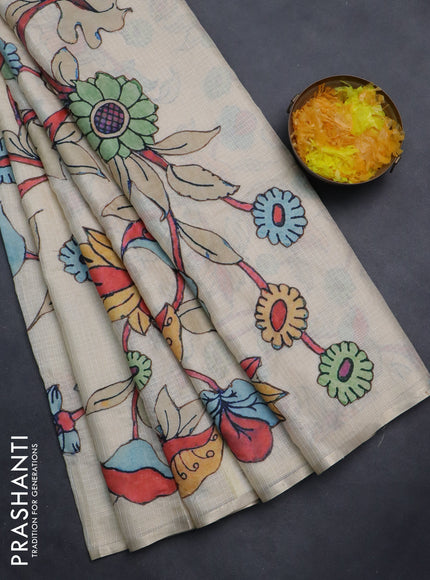 Kota saree cream with kalamkari applique work and zari woven piping border