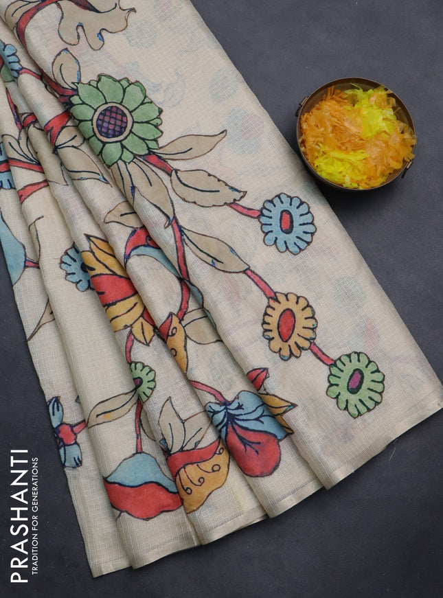 Kota saree cream with kalamkari applique work and zari woven piping border