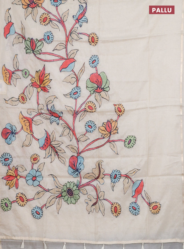 Kota saree cream with kalamkari applique work and zari woven piping border