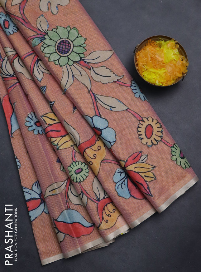 Kota saree dual shade of pale orange with kalamkari applique work and zari woven piping border