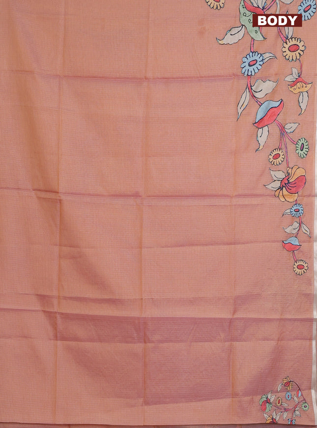 Kota saree dual shade of pale orange with kalamkari applique work and zari woven piping border