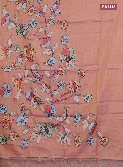 Kota saree dual shade of pale orange with kalamkari applique work and zari woven piping border