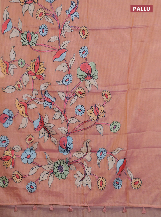 Kota saree dual shade of pale orange with kalamkari applique work and zari woven piping border