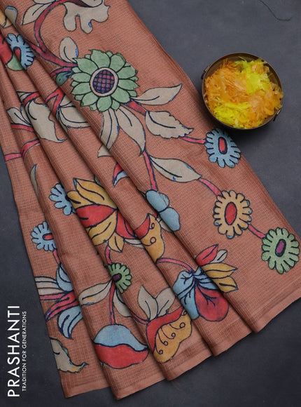 Kota saree dark peach with kalamkari applique work in borderless style
