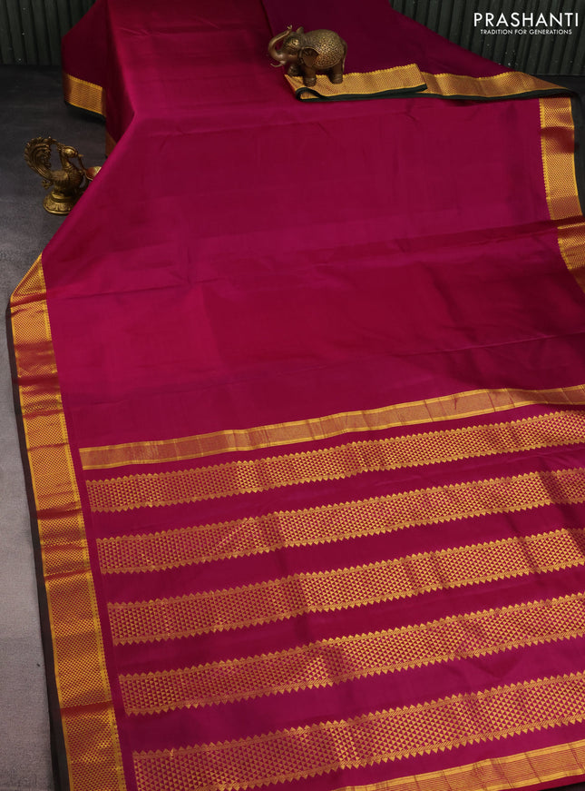 10 Yards silk saree deep purple and dark green with plain body and zari woven border