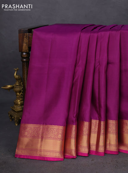 10 Yards silk saree purple and magenta pink with plain body and zari woven border