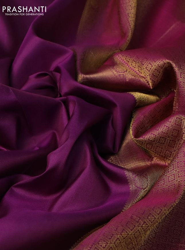 10 Yards silk saree purple and magenta pink with plain body and zari woven border