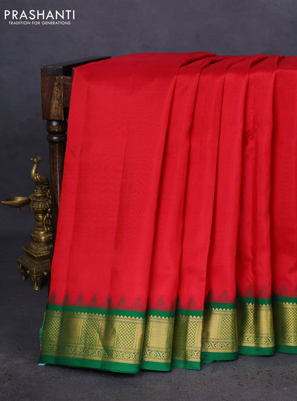 10 Yards silk saree reddish pink and green with plain body and temple design zari woven border