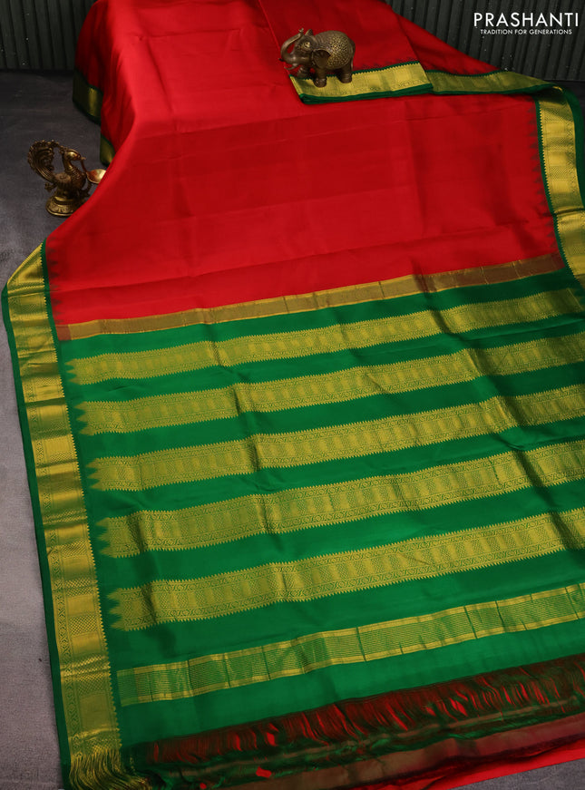 10 Yards silk saree reddish pink and green with plain body and temple design zari woven border