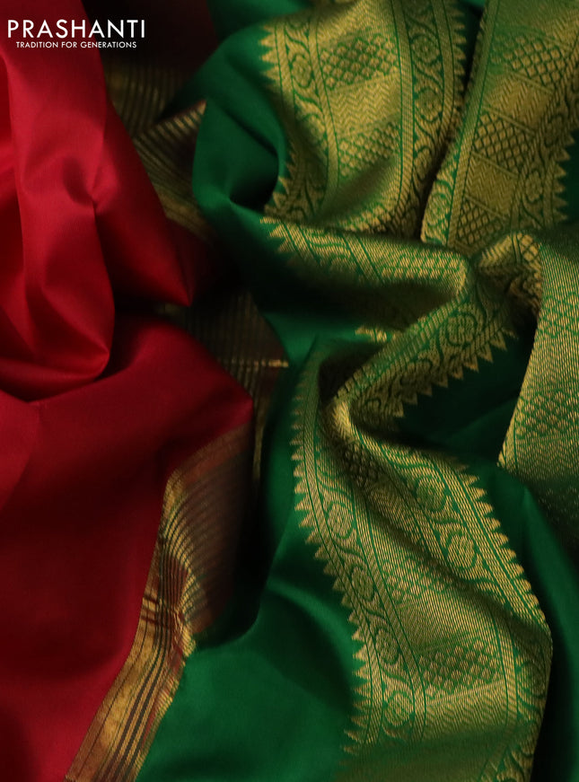 10 Yards silk saree reddish pink and green with plain body and temple design zari woven border