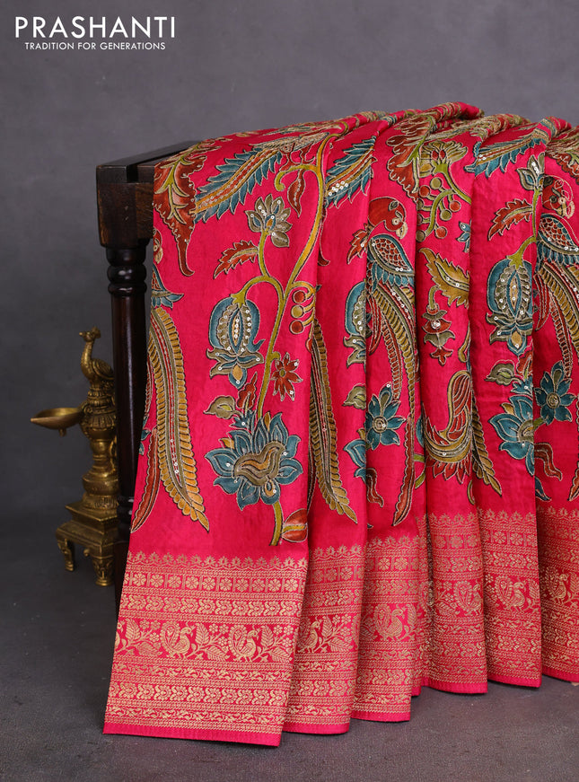 Crepe silk saree pink with allover kalamkari prints & embroidery work and zari woven border