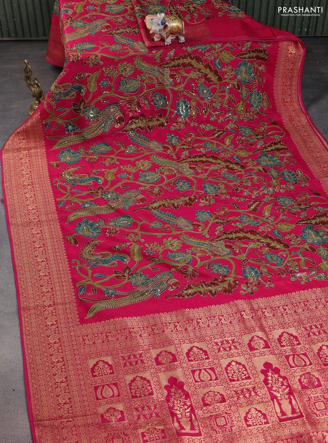 Crepe silk saree pink with allover kalamkari prints & embroidery work and zari woven border