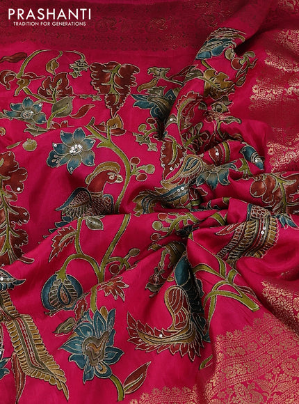 Crepe silk saree pink with allover kalamkari prints & embroidery work and zari woven border