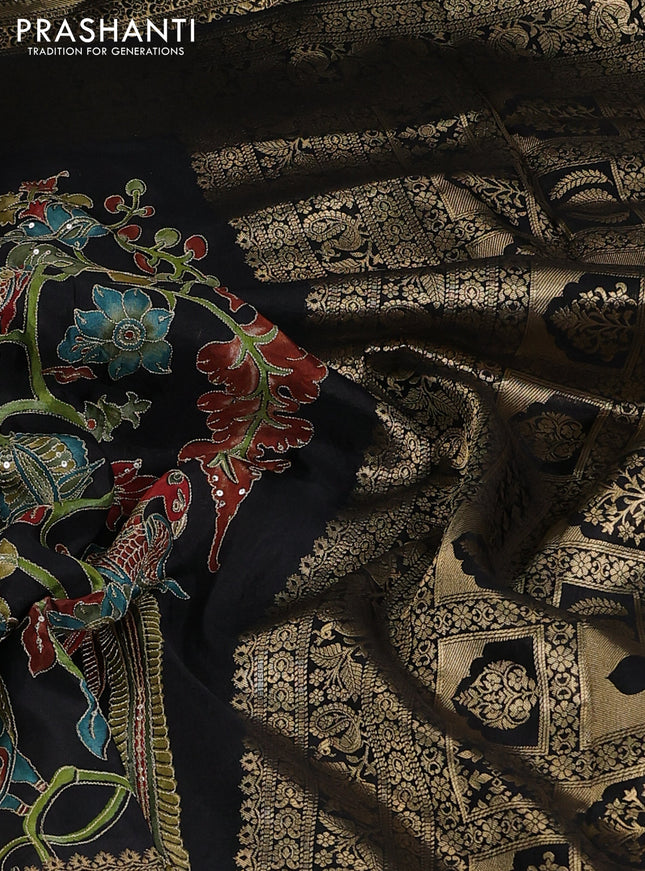 Crepe silk saree black with allover kalamkari prints & embroidery work and zari woven border