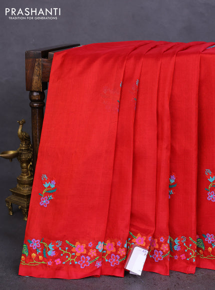 Silk cotton saree red with embroidery buttas and embroidery work border