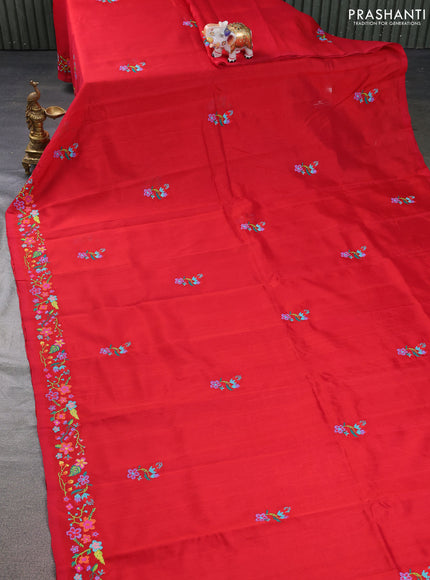 Silk cotton saree red with embroidery buttas and embroidery work border
