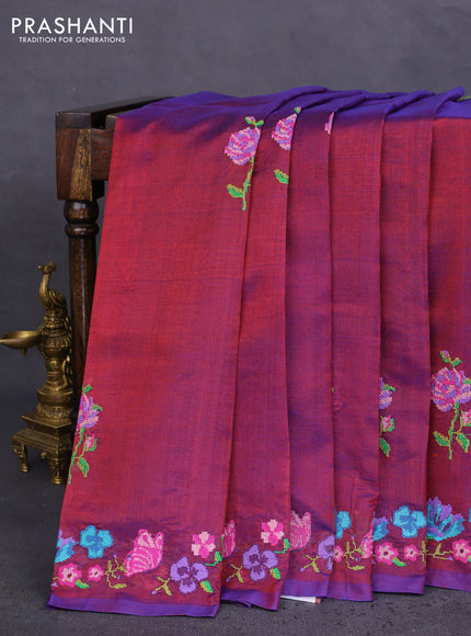 Silk cotton saree dual shade of bluish maroon with embroidery buttas and embroidery work border