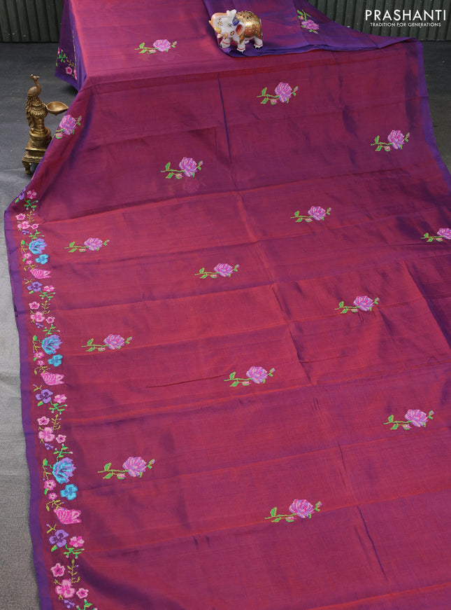 Silk cotton saree dual shade of bluish maroon with embroidery buttas and embroidery work border