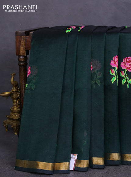 Silk cotton saree bottle green with embroidery buttas and zari woven border