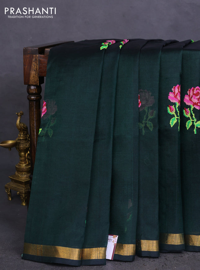 Silk cotton saree bottle green with embroidery buttas and zari woven border