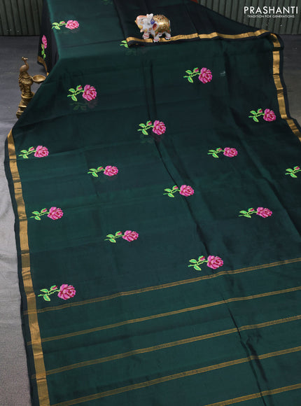 Silk cotton saree bottle green with embroidery buttas and zari woven border