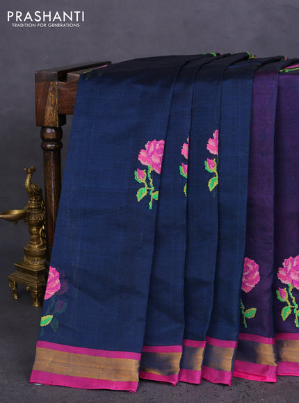 Silk cotton saree peacock blue and magenta pink with embroidery buttas and zari woven border