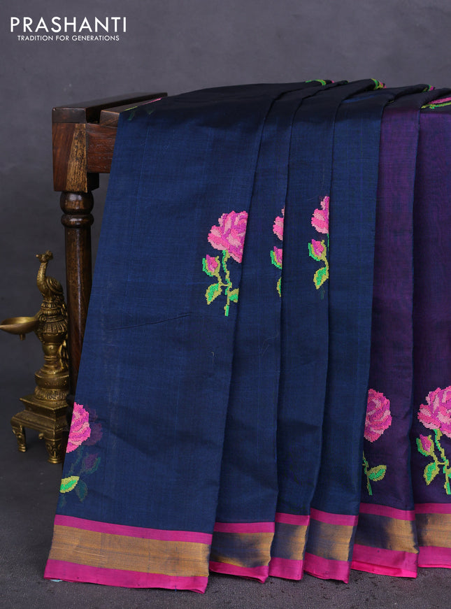 Silk cotton saree peacock blue and magenta pink with embroidery buttas and zari woven border