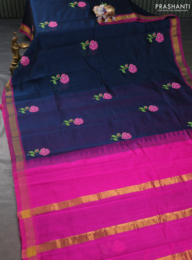 Silk cotton saree peacock blue and magenta pink with embroidery buttas and zari woven border