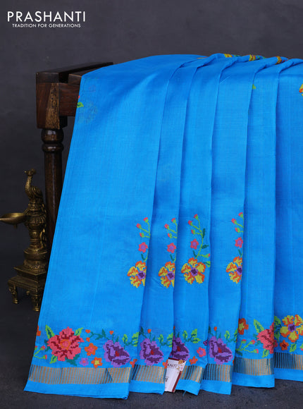 Silk cotton saree cs blue with embroidery buttas and embroidery work border