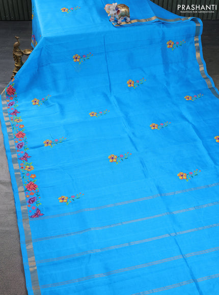 Silk cotton saree cs blue with embroidery buttas and embroidery work border