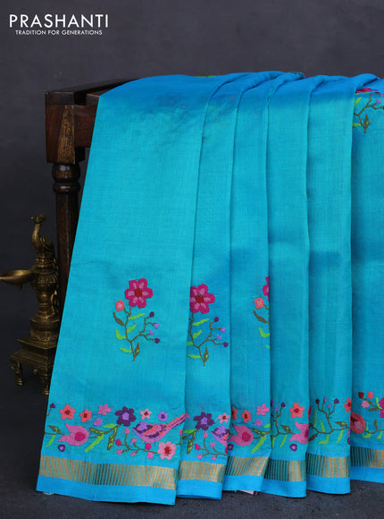 Silk cotton saree teal blue with embroidery buttas and embroidery work border
